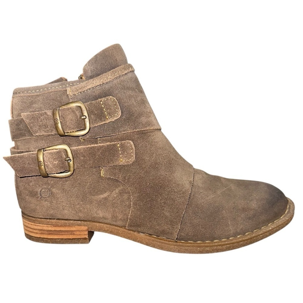 Born Size 8 Moraga Brown Suede Double Buckle Tan Distressed Leather Bootie
